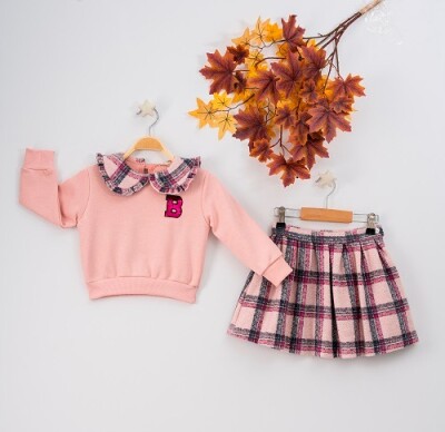 Wholesale 2-Piece Girls Set with Blouse and Skirt 3-6Y Busra Bebe 1016-22238 Пудра