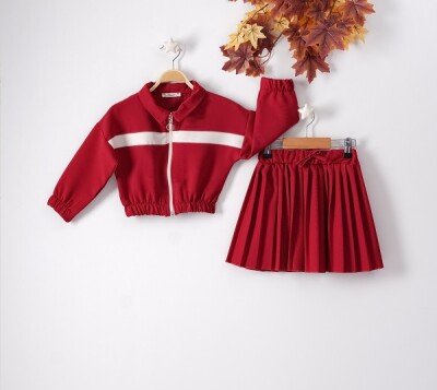 Wholesale 2-Piece Girls Set with Skirt and Cardigan 3-6Y Büşra Bebe 1016-22231 Claret Red