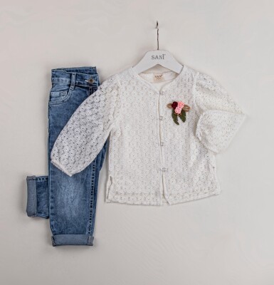 Wholesale 2-Piece Girls Shirt Sets with Denim Pants 2-5Y Sani 1068-9805 Экрю