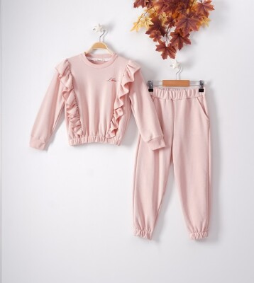 Wholesale 2-Piece Girls Tracksuit Set with Ruffled 7-10Y Busra Bebe 1016-22221 Пудра