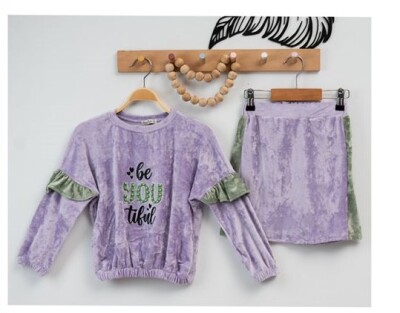 Wholesale 2-Piece Girls Velvet Set with Sweat and Skirt 5-8Y Eray Kids 1044-6176 Lilac