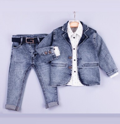 Wholesale 3-Piece Baby Boys Denim Jacket Set with Shirt and Denim Pants 6-24M Gold Class 1010-1208 - 1