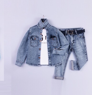 Wholesale 3-Piece Baby Boys Denim Jacket Set with Shirt and Denim Pants 6-24M Gold Class 1010-1209 - 1