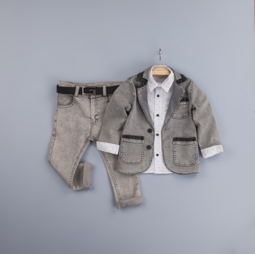 Wholesale 3-Piece Baby Boys Denim Jacket Set with Shirt and Denim Pants 6-24M Gold Class 1010-1242 - 2