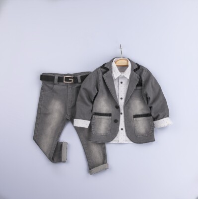 Wholesale 3-Piece Baby Boys Denim Jacket Set with Shirt and Denim Pants 6-24M Gold Class 1010-1242 Smoked Color