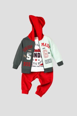 Wholesale 3-Piece Baby Boys Hooded Cardigan Set with T-Shirt and Sweatpants 9-24M Kidexs 1026-90113 Green Almond