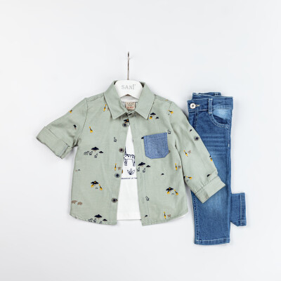 Wholesale 3-Piece Baby Boys Jean Pants Shirt and T-shirt Set 9-24M Sani 1068-9915 Khaki