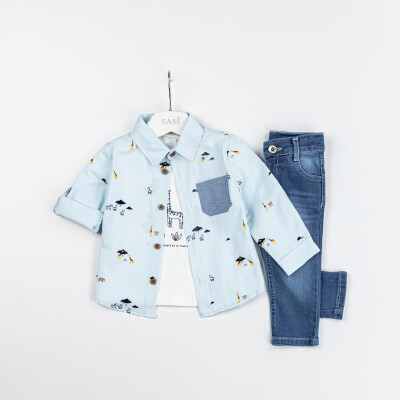 Wholesale 3-Piece Baby Boys Jean Pants Shirt and T-shirt Set 9-24M Sani 1068-9915 Light Blue