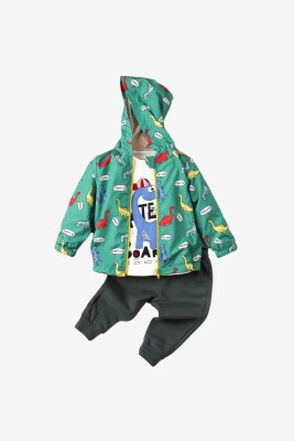 Wholesale 3-Piece Baby Boys Raincoat Set with Sweatpants and T-shirt 9-24M Kidexs 1026-90094 Green Almond