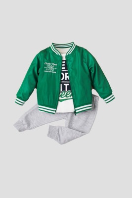 Wholesale 3-Piece Baby Boys Raincoat Set with Sweatpants and T-Shirt 9-24M Kidexs 1026-90121 Green Almond