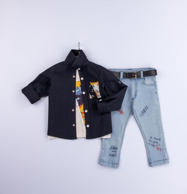 Wholesale 3-Piece Baby Boys Shirt Set with T-Shirt and Denim Pants 6-24M Gold Class 1010-1222 - 2