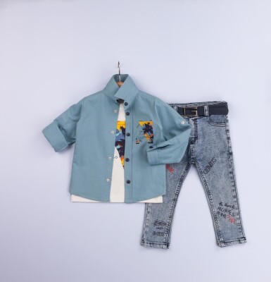 Wholesale 3-Piece Baby Boys Shirt Set with T-Shirt and Denim Pants 6-24M Gold Class 1010-1222 - 3