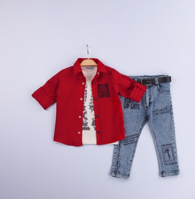 Wholesale 3-Piece Baby Boys Shirt Set with T-Shirt and Denim Pants 6-24M Gold Class 1010-1223 - 1