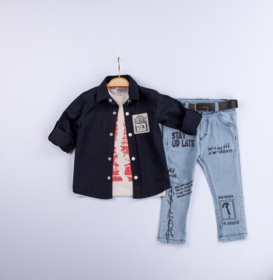 Wholesale 3-Piece Baby Boys Shirt Set with T-Shirt and Denim Pants 6-24M Gold Class 1010-1223 - Gold Class (1)