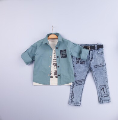 Wholesale 3-Piece Baby Boys Shirt Set with T-Shirt and Denim Pants 6-24M Gold Class 1010-1223 Oil