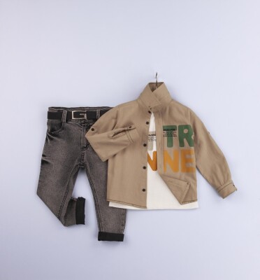 Wholesale 3-Piece Baby Boys Shirt Set with T-Shirt and Denim Pants 6-24M Gold Class 1010-1225 - 1