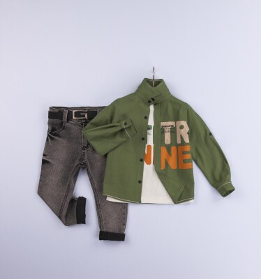 Wholesale 3-Piece Baby Boys Shirt Set with T-Shirt and Denim Pants 6-24M Gold Class 1010-1225 Green