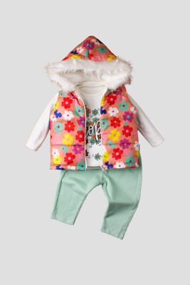 Wholesale 3-Piece Baby Girls Coat Set with Pants and Sweat 9-24M Kidexs 1026-90092 Лососевый цвет