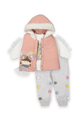 Wholesale 3-Piece Baby Girls Set with Jacket, Sweat and Pants 0-18M Boncuk Bebe 1006-6059 Пудра