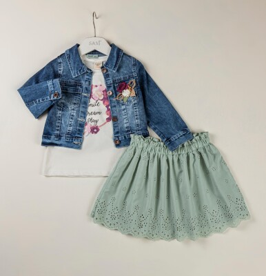 Wholesale 3-Piece Girls Denim Jacket Set with T-shirt and Skirt 2-5Y Sani 1068-9802 - Sani