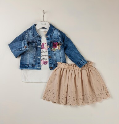 Wholesale 3-Piece Girls Denim Jacket Set with T-shirt and Skirt 2-5Y Sani 1068-9802 - Sani (1)