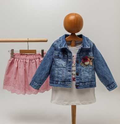 Wholesale 3-Piece Girls Denim Jacket Set with T-shirt and Skirt 2-5Y Sani 1068-9802 Blanced Almond