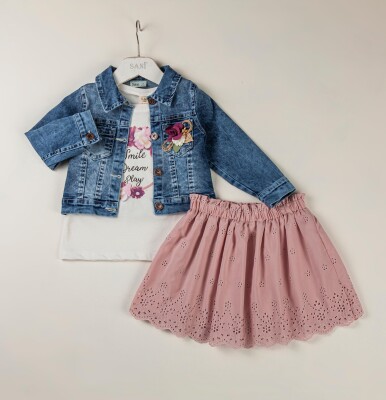 Wholesale 3-Piece Girls Denim Jacket Set with T-shirt and Skirt 2-5Y Sani 1068-9802 Pink