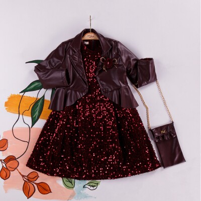 Wholesale 3-Piece Girls Dress with Bag and Leatherette Vest 2-6Y Miss Lore 1055-5222 Бордовый 