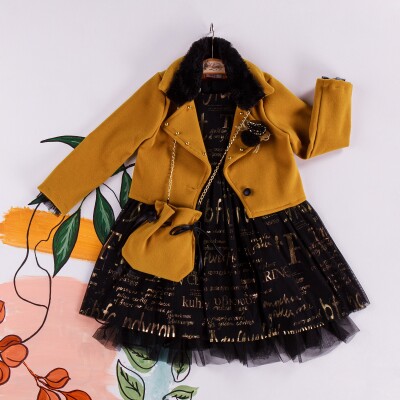 Wholesale 3-Piece Girls Dress with Fur Jacket and Bag 2-6Y Miss Lore 1055-5216 Горчичный