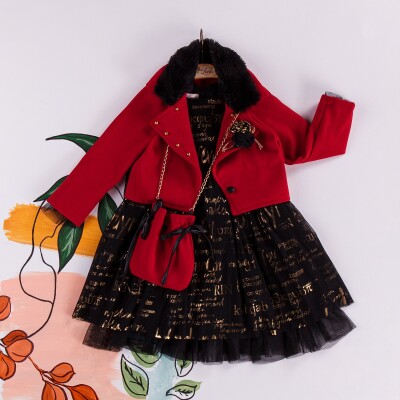 Wholesale 3-Piece Girls Dress with Fur Jacket and Bag 2-6Y Miss Lore 1055-5216 Красный