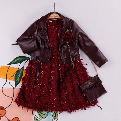 Wholesale 3-Piece Girls Dress with Leatherette Jacket and Bag 2-6Y Miss Lore 1055-5221 - Miss Lore