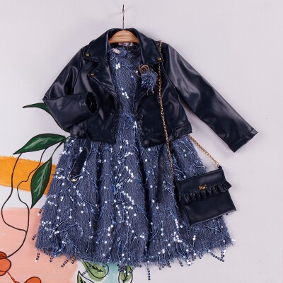 Wholesale 3-Piece Girls Dress with Leatherette Jacket and Bag 2-6Y Miss Lore 1055-5221 Синий