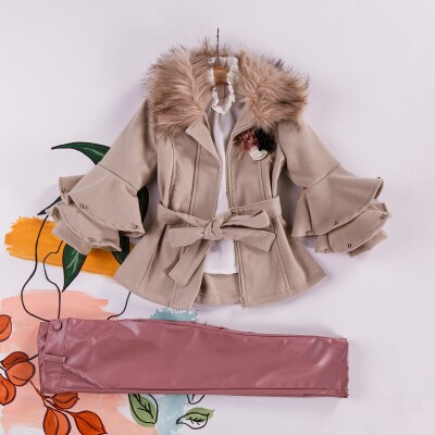 Wholesale 3-Piece Girls Set with Coat, Shirt and Leatherette Pants 2-6Y Miss Lore 1055-5208 - Miss Lore