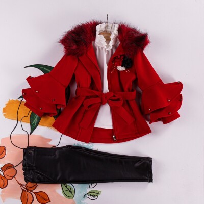 Wholesale 3-Piece Girls Set with Coat, Shirt and Leatherette Pants 2-6Y Miss Lore 1055-5208 Красный
