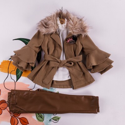 Wholesale 3-Piece Girls Set with Coat, Shirt and Leatherette Pants 2-6Y Miss Lore 1055-5208 Brown