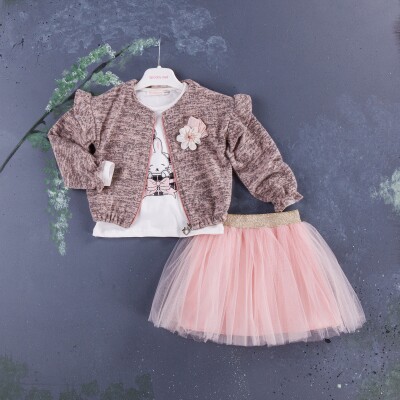 Wholesale 3-Piece Girls Set with Jacket, Long Sleeve T-shirt and Skirt 1-4Y BabyRose 1002-3979 Salmon Color 