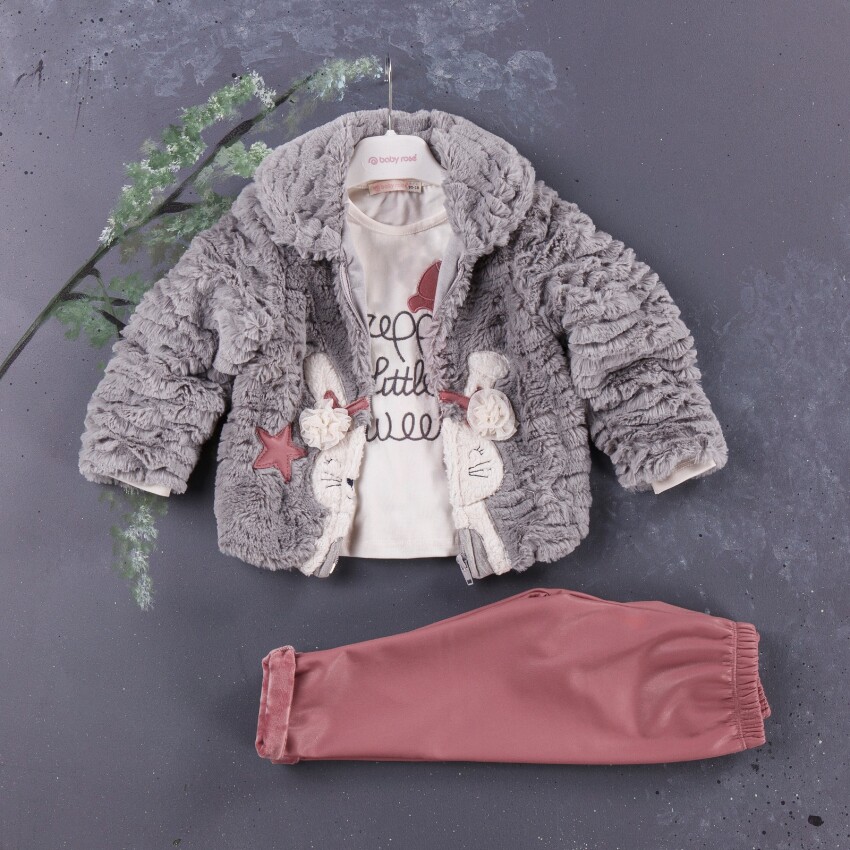 Wholesale 3-Piece Girls Set with Plush Coat, Body and Pants 1-4Y BabyRose 1002-3821 - 1