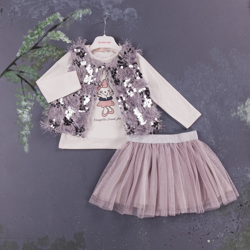 Wholesale 3-Piece Girls Set with Vest, Long Sleeve T-shirt and Skirt 1-4Y BabyRose 1002-3877 - 2