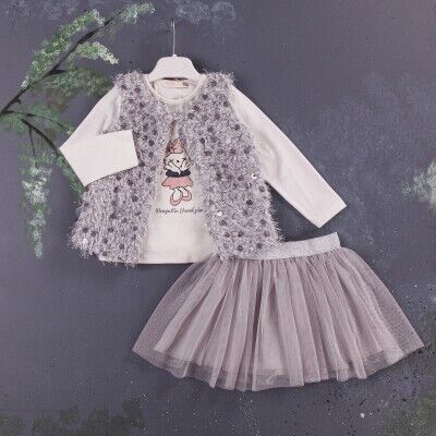 Wholesale 3-Piece Girls Set with Vest, Long Sleeve T-shirt and Skirt 1-4Y BabyRose 1002-3877 Gray