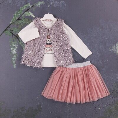 Wholesale 3-Piece Girls Set with Vest, Long Sleeve T-shirt and Skirt 1-4Y BabyRose 1002-3877 Dusty Rose