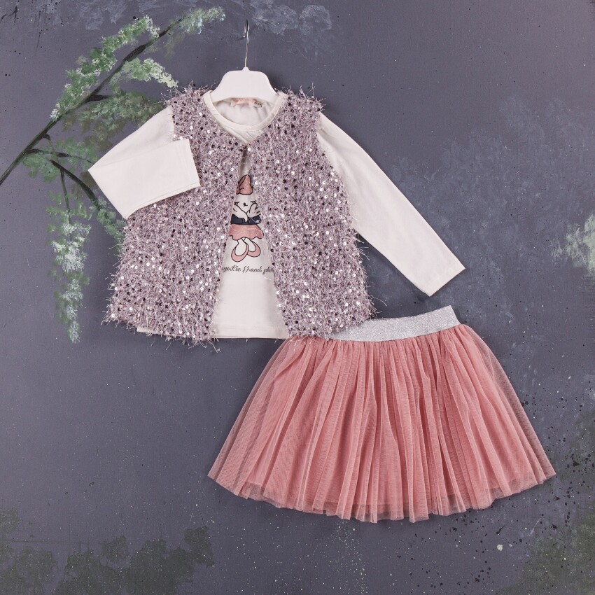 Wholesale 3-Piece Girls Set with Vest, Long Sleeve T-shirt and Skirt 1-4Y BabyRose 1002-3877 - 6