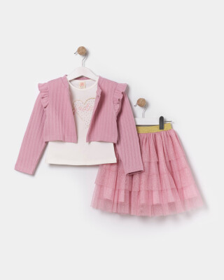 Wholesale 3-Piece Skirt, Cardigan, and Bodysuit Set for Girls 4-7Y Bupper Kids 1053-24577 Blanced Almond