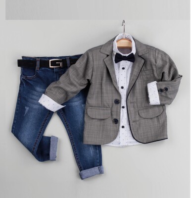 Wholesale 4-Piece Baby Boys Jacket Set with Vest Shirt and Denim Pants 6-24M Gold Class 1010-1246 Beige