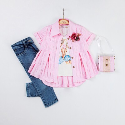 Wholesale 4-Piece Girls Denim Pants Shirt T-shirt and Bag Set 2-6Y Miss Lore 1055-5315 Pink