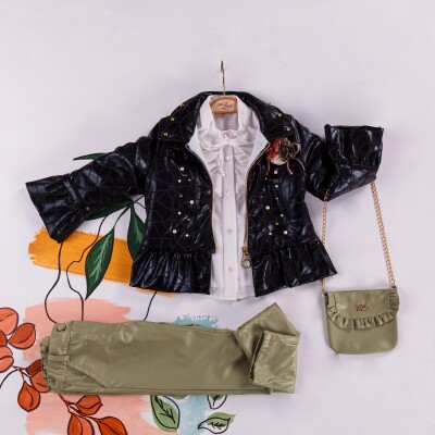 Wholesale 4-Piece Girls Dress with Jacket, Leatherette Pants, Shirt and Bag 2-6Y Miss Lore 1055-5218 Зелёный 