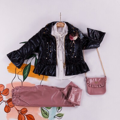 Wholesale 4-Piece Girls Dress with Jacket, Leatherette Pants, Shirt and Bag 2-6Y Miss Lore 1055-5218 Розовый 