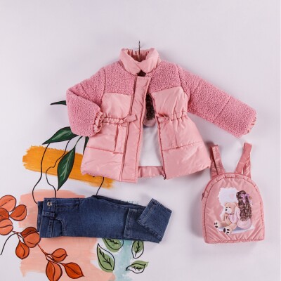 Wholesale 4-Piece Girls Set with Body, Coat, Denim Pants and Bag 2-5Y Miss Lore 1055-5400 Pink
