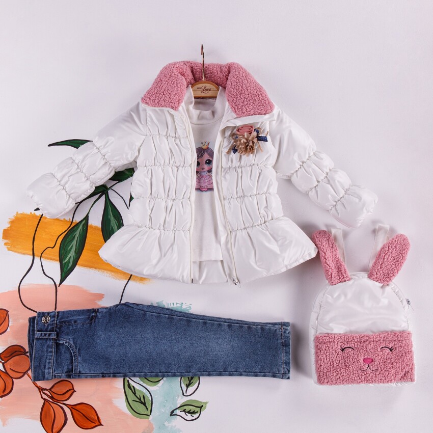Wholesale 4-Piece Girls Set with Coat, Body, Denim Pants and Bag 2-5Y Miss Lore 1055-5406 - 1