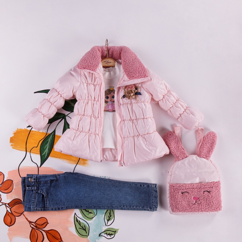 Wholesale 4-Piece Girls Set with Coat, Body, Denim Pants and Bag 2-5Y Miss Lore 1055-5406 - 2