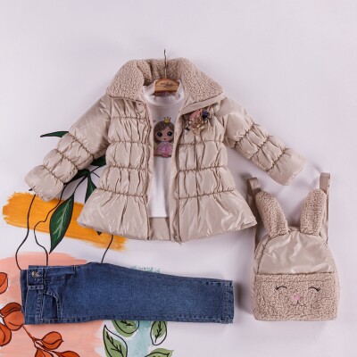 Wholesale 4-Piece Girls Set with Coat, Body, Denim Pants and Bag 2-5Y Miss Lore 1055-5406 Beige